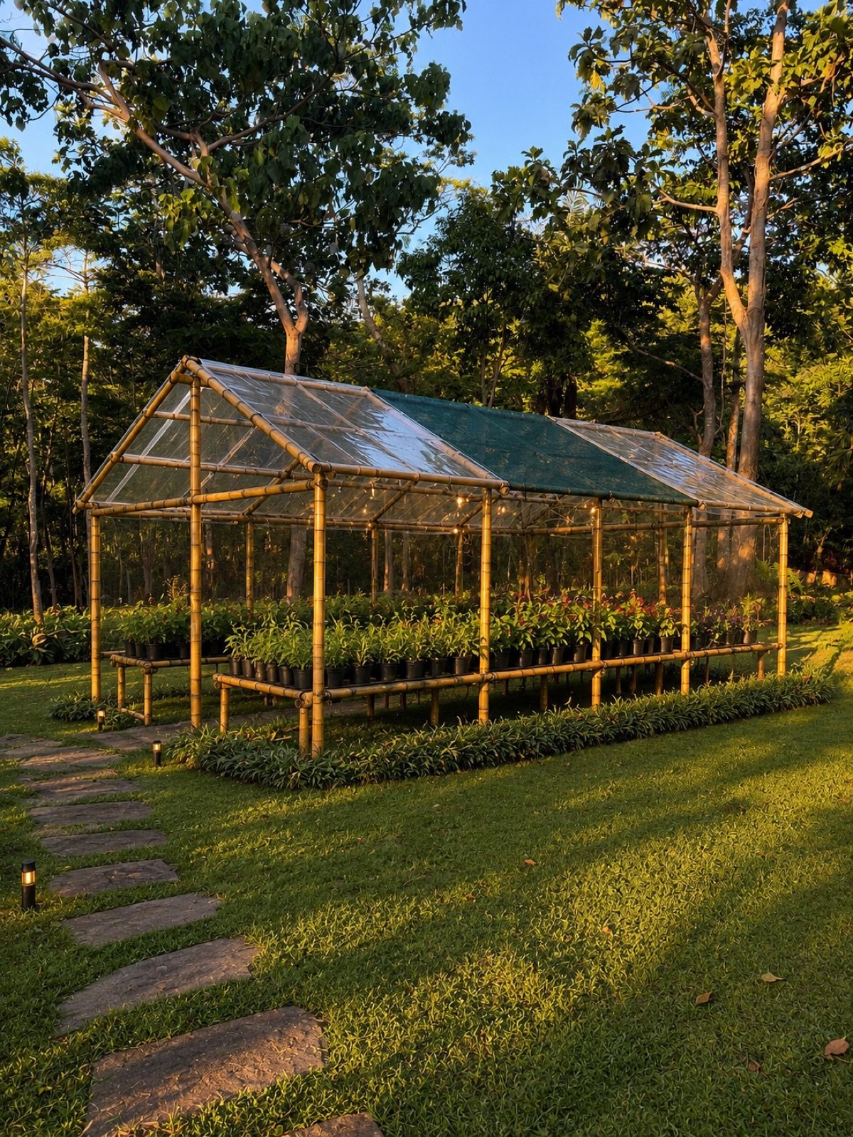 Bamboo nursery greenhouse at golden hour